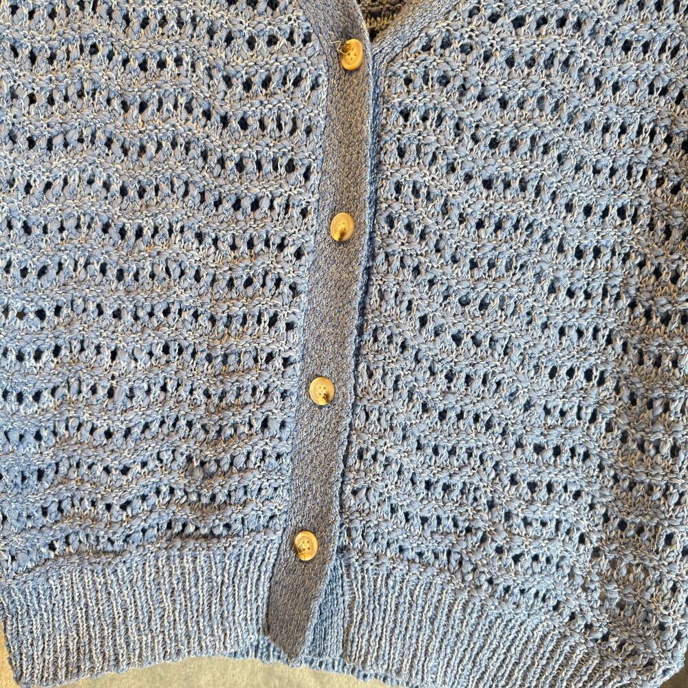 Lulu’s Blue Crochet Knit Cardigan Button Front Lightweight Sweater Medium - Picture 5 of 8